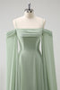 Load image into Gallery viewer, Light Green Cold Shoulder Detachable Sleeves A-Line Chiffon Long Bridesmaid Dress