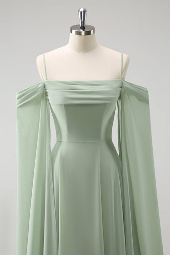 Light Green Cold Shoulder Detachable Sleeves A-Line Chiffon Long Bridesmaid Dress