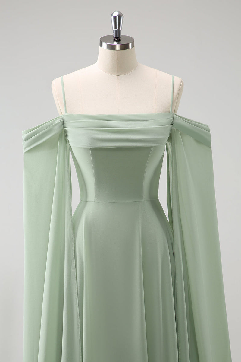 Load image into Gallery viewer, Light Green Cold Shoulder Detachable Sleeves A-Line Chiffon Long Bridesmaid Dress