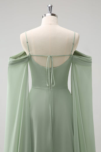 Light Green Cold Shoulder Detachable Sleeves A-Line Chiffon Long Bridesmaid Dress