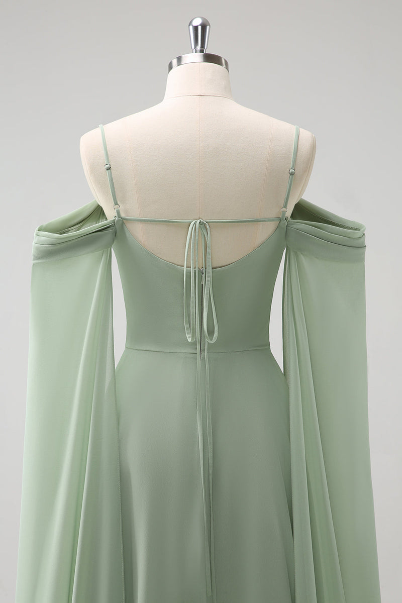 Load image into Gallery viewer, Light Green Cold Shoulder Detachable Sleeves A-Line Chiffon Long Bridesmaid Dress