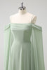 Load image into Gallery viewer, Light Green Cold Shoulder Detachable Sleeves A-Line Chiffon Long Bridesmaid Dress