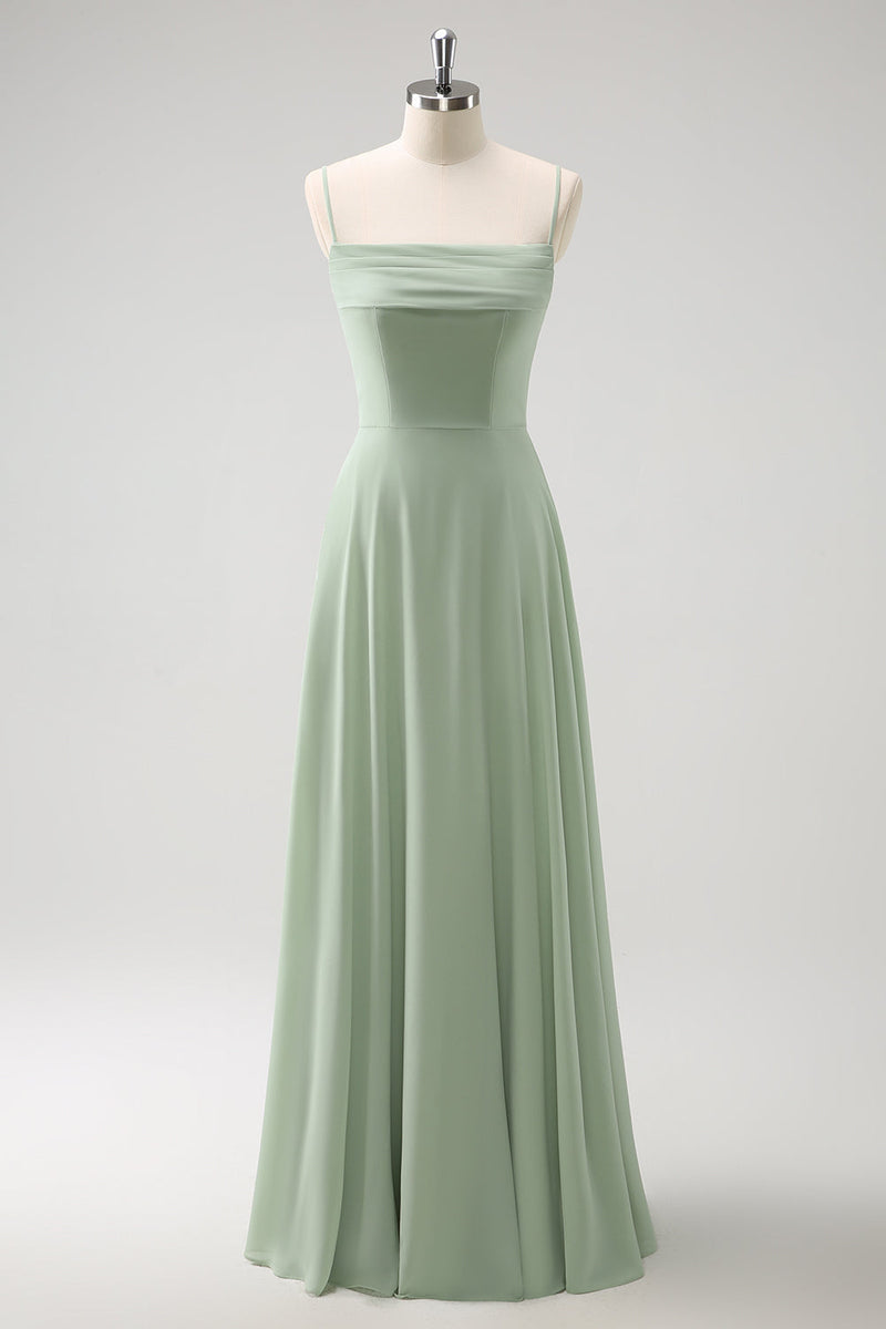 Load image into Gallery viewer, Light Green Cold Shoulder Detachable Sleeves A-Line Chiffon Long Bridesmaid Dress