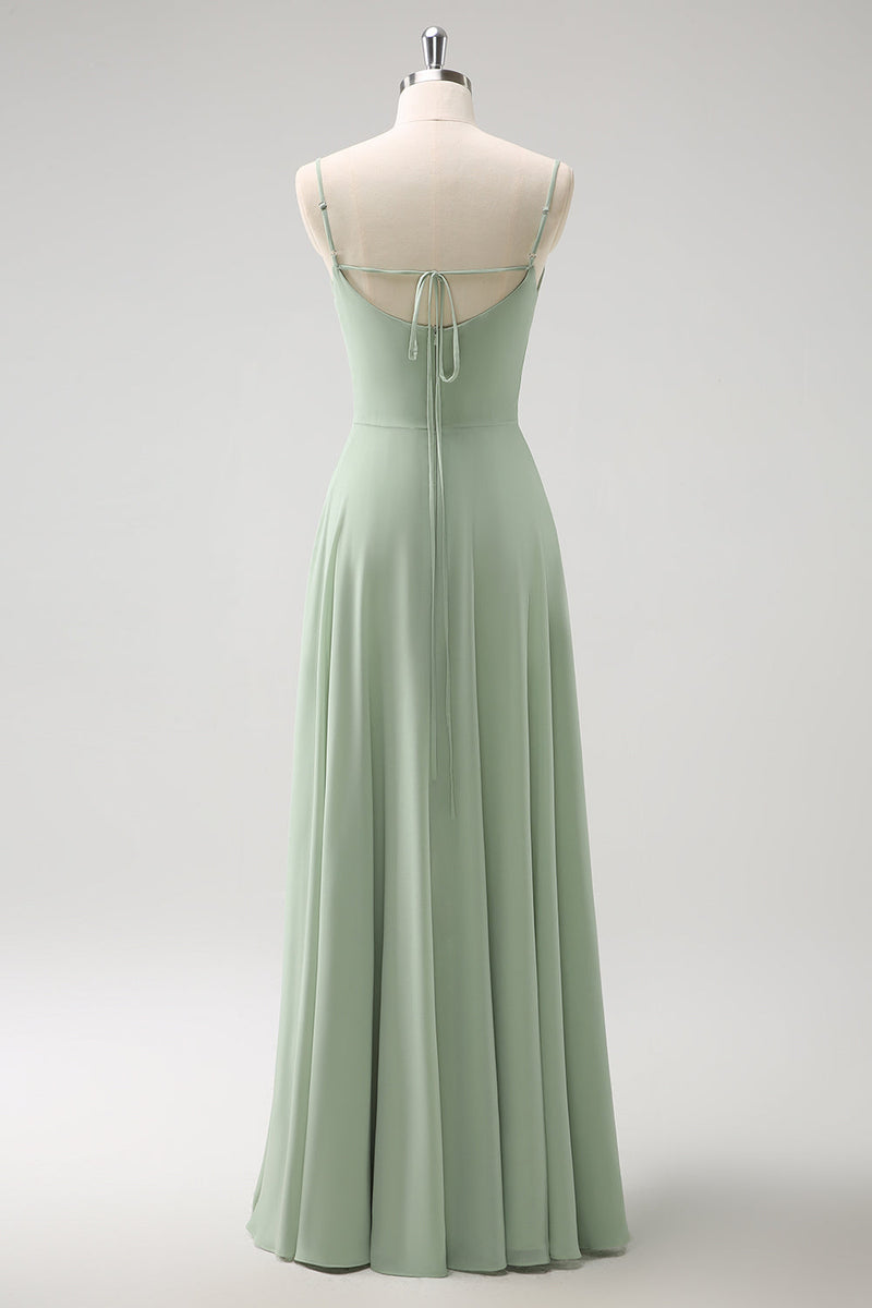 Load image into Gallery viewer, Light Green Cold Shoulder Detachable Sleeves A-Line Chiffon Long Bridesmaid Dress