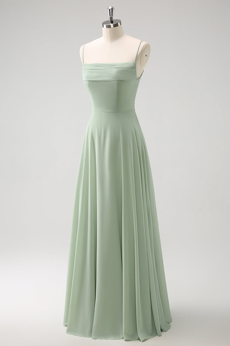 Load image into Gallery viewer, Light Green Cold Shoulder Detachable Sleeves A-Line Chiffon Long Bridesmaid Dress