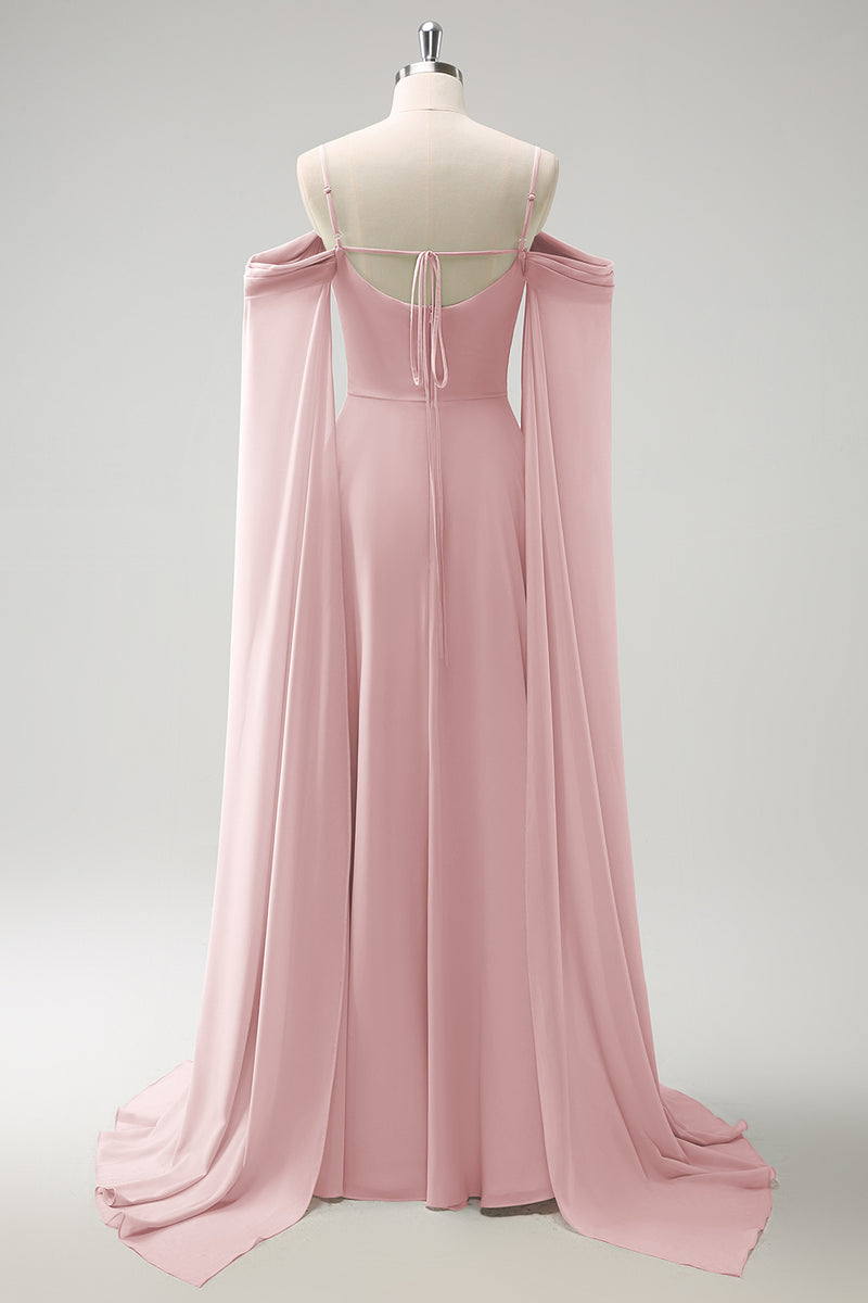 Load image into Gallery viewer, Light Green Cold Shoulder Detachable Sleeves A-Line Chiffon Long Bridesmaid Dress