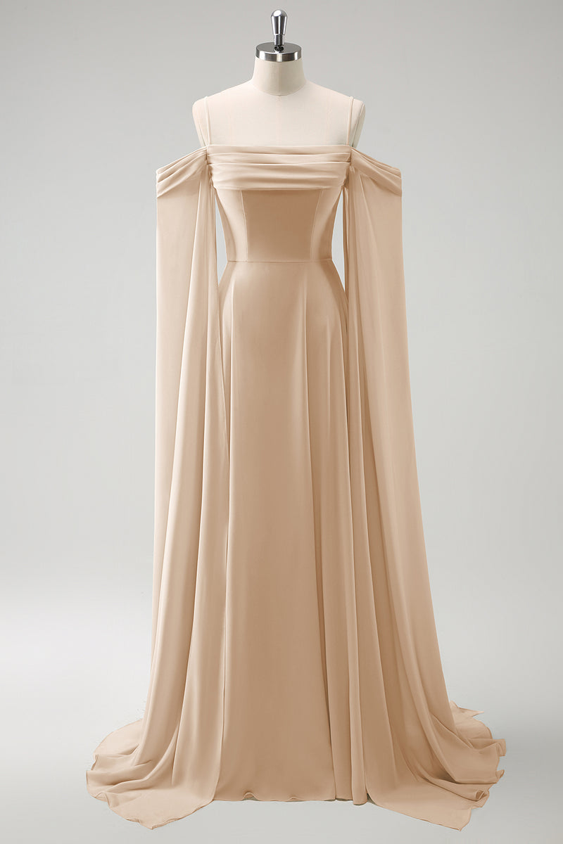 Load image into Gallery viewer, Light Green Cold Shoulder Detachable Sleeves A-Line Chiffon Long Bridesmaid Dress