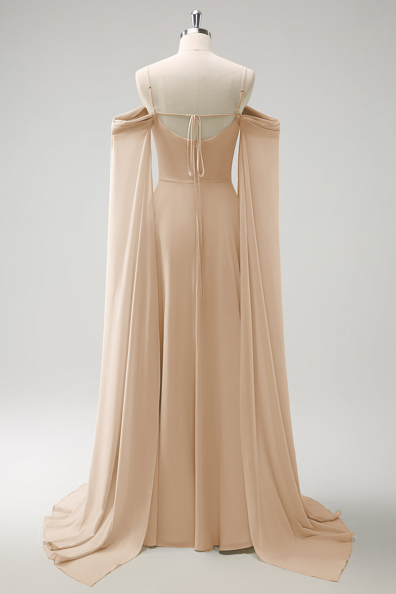 Load image into Gallery viewer, Light Green Cold Shoulder Detachable Sleeves A-Line Chiffon Long Bridesmaid Dress