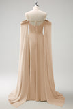 Light Green Cold Shoulder Detachable Sleeves A-Line Chiffon Long Bridesmaid Dress