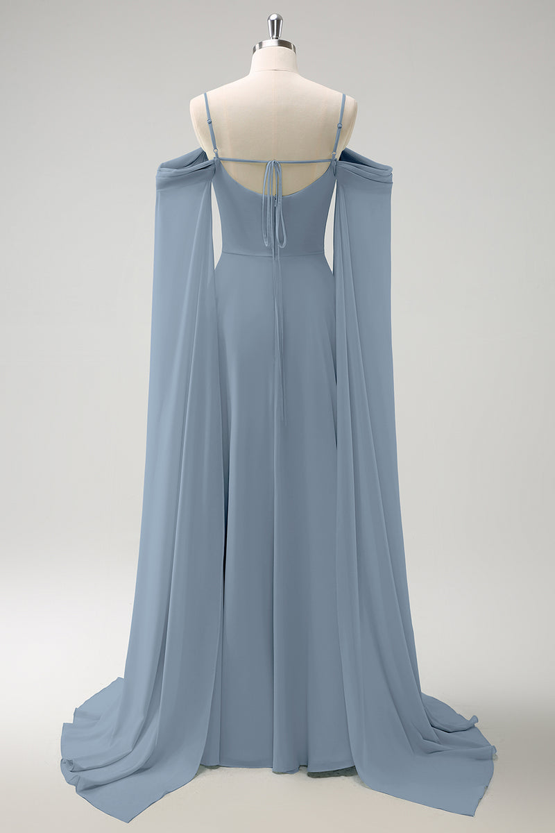 Load image into Gallery viewer, Light Green Cold Shoulder Detachable Sleeves A-Line Chiffon Long Bridesmaid Dress