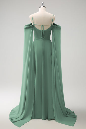 Light Green Cold Shoulder Detachable Sleeves A-Line Chiffon Long Bridesmaid Dress