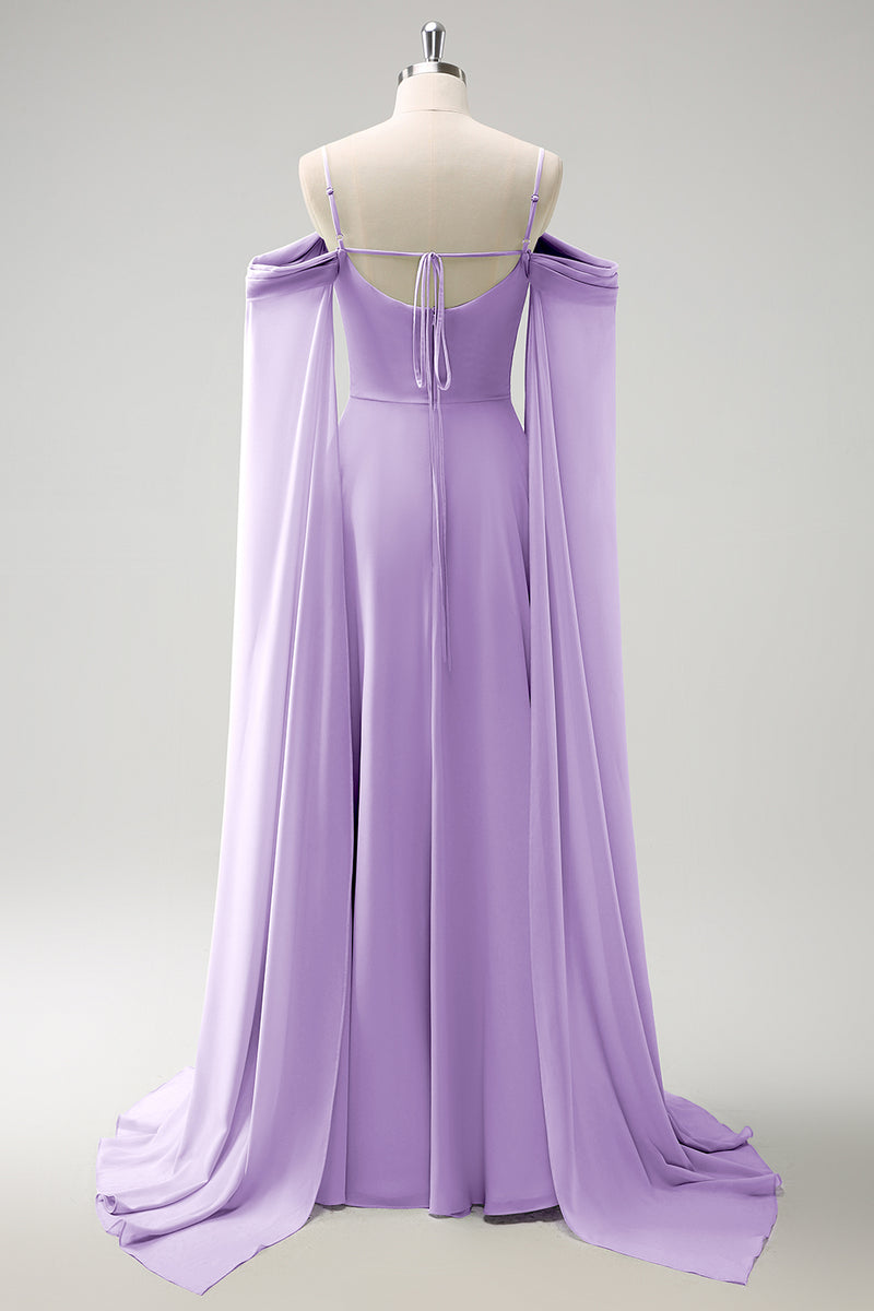 Load image into Gallery viewer, Light Green Cold Shoulder Detachable Sleeves A-Line Chiffon Long Bridesmaid Dress