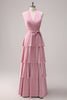 Load image into Gallery viewer, Pink Halter Tiered A-Line Bridesmaid Dress with Sash