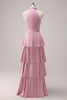 Load image into Gallery viewer, Pink Halter Tiered A-Line Bridesmaid Dress with Sash