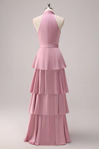 Pink Halter Tiered A-Line Bridesmaid Dress with Sash