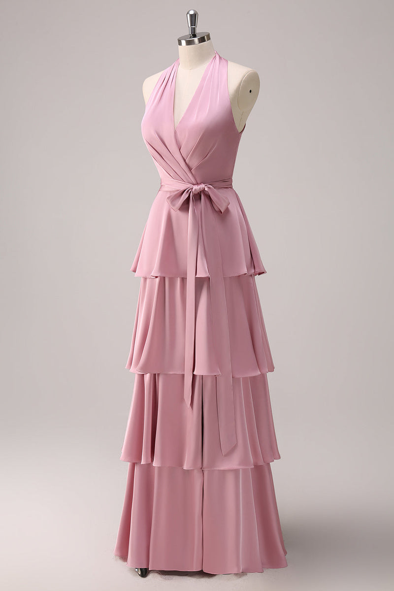 Load image into Gallery viewer, Pink Halter Tiered A-Line Bridesmaid Dress with Sash