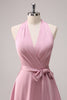 Load image into Gallery viewer, Pink Halter Tiered A-Line Bridesmaid Dress with Sash