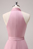 Load image into Gallery viewer, Pink Halter Tiered A-Line Bridesmaid Dress with Sash