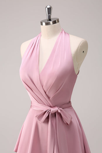 Pink Halter Tiered A-Line Bridesmaid Dress with Sash