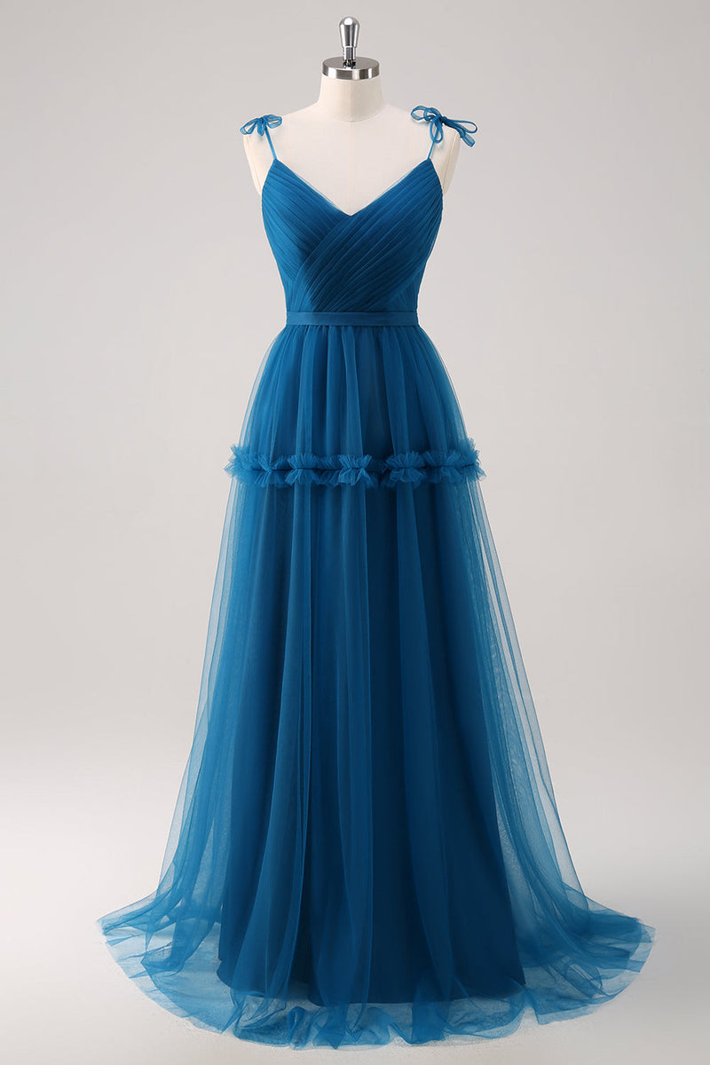 Load image into Gallery viewer, Dark Blue Spaghetti Straps A-Line Tulle Long Bridesmaid Dress