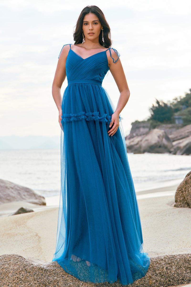 Load image into Gallery viewer, Dark Blue A-Line Spaghetti Straps Pleated Long Bridesmaid Dress