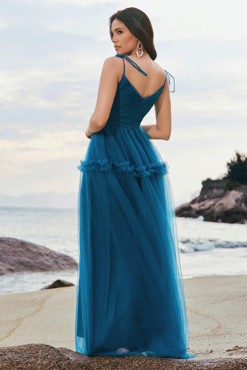 Load image into Gallery viewer, Dark Blue A-Line Spaghetti Straps Pleated Long Bridesmaid Dress