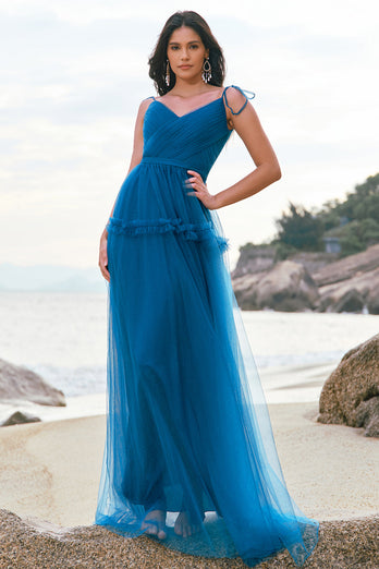 Dark Blue A-Line Spaghetti Straps Pleated Long Bridesmaid Dress