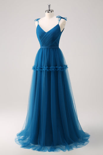 Dark Blue Spaghetti Straps A-Line Tulle Long Bridesmaid Dress