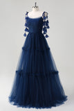 Navy A-Line Spaghetti Straps Flowers Corset Pleated Tulle Long Prom Dress