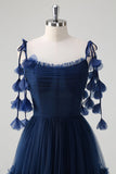 Navy A-Line Spaghetti Straps Flowers Corset Pleated Tulle Long Prom Dress