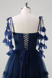 Navy A-Line Spaghetti Straps Flowers Corset Pleated Tulle Long Prom Dress