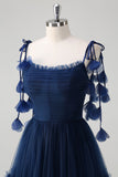 Navy A-Line Spaghetti Straps Flowers Corset Pleated Tulle Long Prom Dress