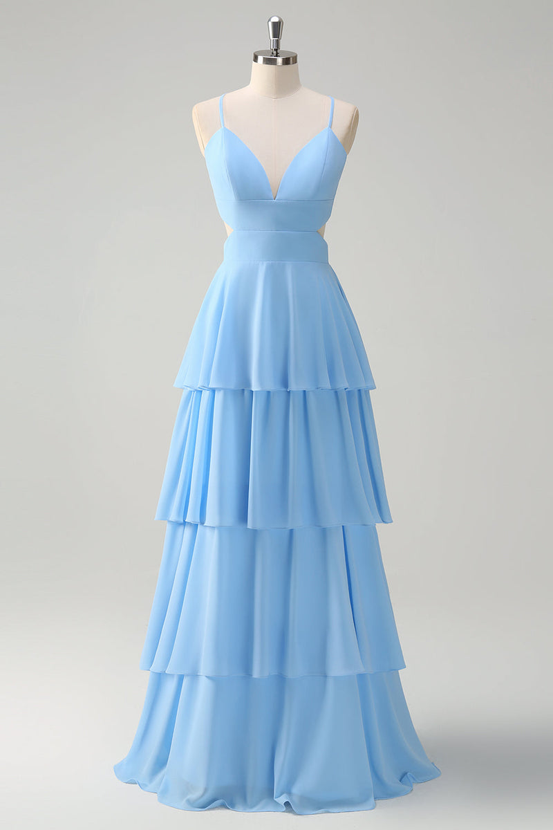 Load image into Gallery viewer, Sky Blue A-Line Spaghetti Straps Tiered Chiffon Bridesmaid Dress