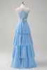 Load image into Gallery viewer, Sky Blue A-Line Spaghetti Straps Tiered Chiffon Bridesmaid Dress