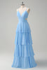 Load image into Gallery viewer, Sky Blue A-Line Spaghetti Straps Tiered Chiffon Bridesmaid Dress