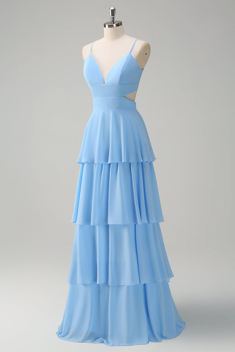 Load image into Gallery viewer, Sky Blue A-Line Spaghetti Straps Tiered Chiffon Bridesmaid Dress