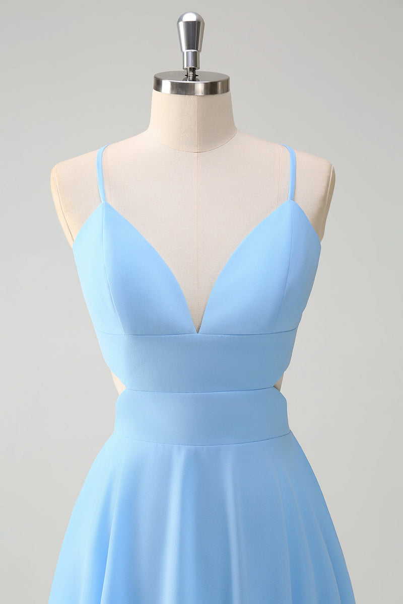 Load image into Gallery viewer, Sky Blue A-Line Spaghetti Straps Tiered Chiffon Bridesmaid Dress