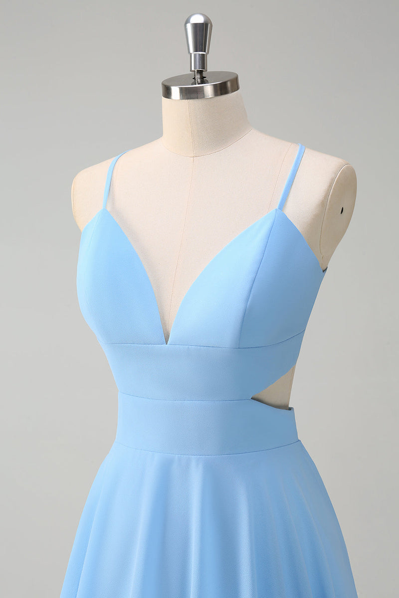 Load image into Gallery viewer, Sky Blue A-Line Spaghetti Straps Tiered Chiffon Bridesmaid Dress