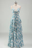 Load image into Gallery viewer, White Blue Flower A Line Tiered Spaghetti Straps Bridesmaid Dress