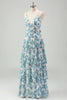 Load image into Gallery viewer, White Blue Flower A Line Tiered Spaghetti Straps Bridesmaid Dress