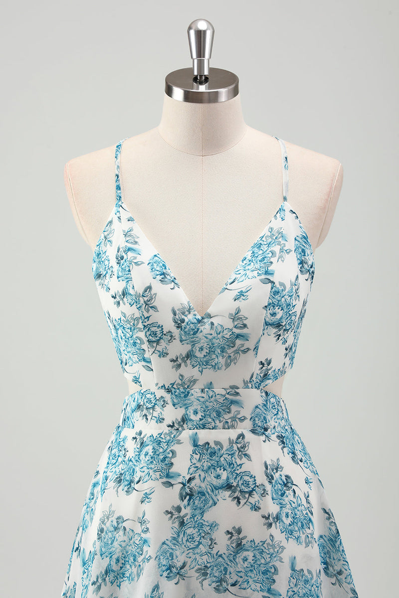 Load image into Gallery viewer, White Blue Flower A Line Tiered Spaghetti Straps Bridesmaid Dress