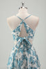 Load image into Gallery viewer, White Blue Flower A Line Tiered Spaghetti Straps Bridesmaid Dress