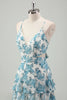 Load image into Gallery viewer, White Blue Flower A Line Tiered Spaghetti Straps Bridesmaid Dress