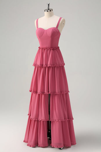 Tiered Coral A Line Long Bridesmaid Dress with Slit