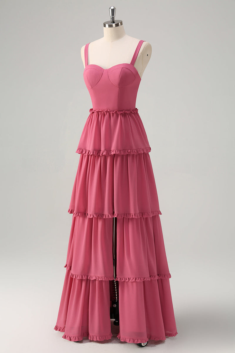 Load image into Gallery viewer, Tiered Coral A Line Long Bridesmaid Dress with Slit