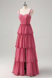 Tiered Coral A Line Long Bridesmaid Dress with Slit
