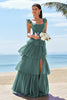 Load image into Gallery viewer, Eucalyptus A-Line Corset Tiered Long Bridesmaid Dress with Ruffle Slit