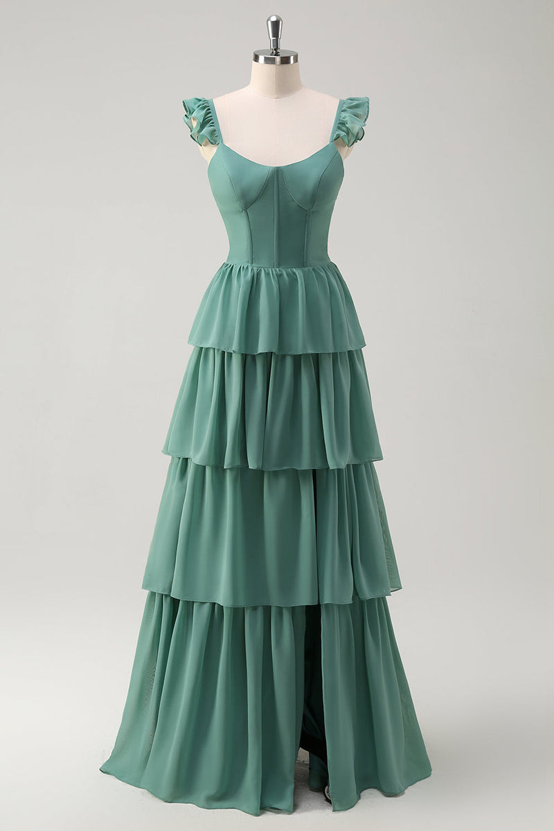 Load image into Gallery viewer, Eucalyptus A Line Corset Tiered Long Bridesmaid Dress with Slit