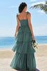 Load image into Gallery viewer, Eucalyptus A-Line Corset Tiered Long Bridesmaid Dress with Ruffle Slit