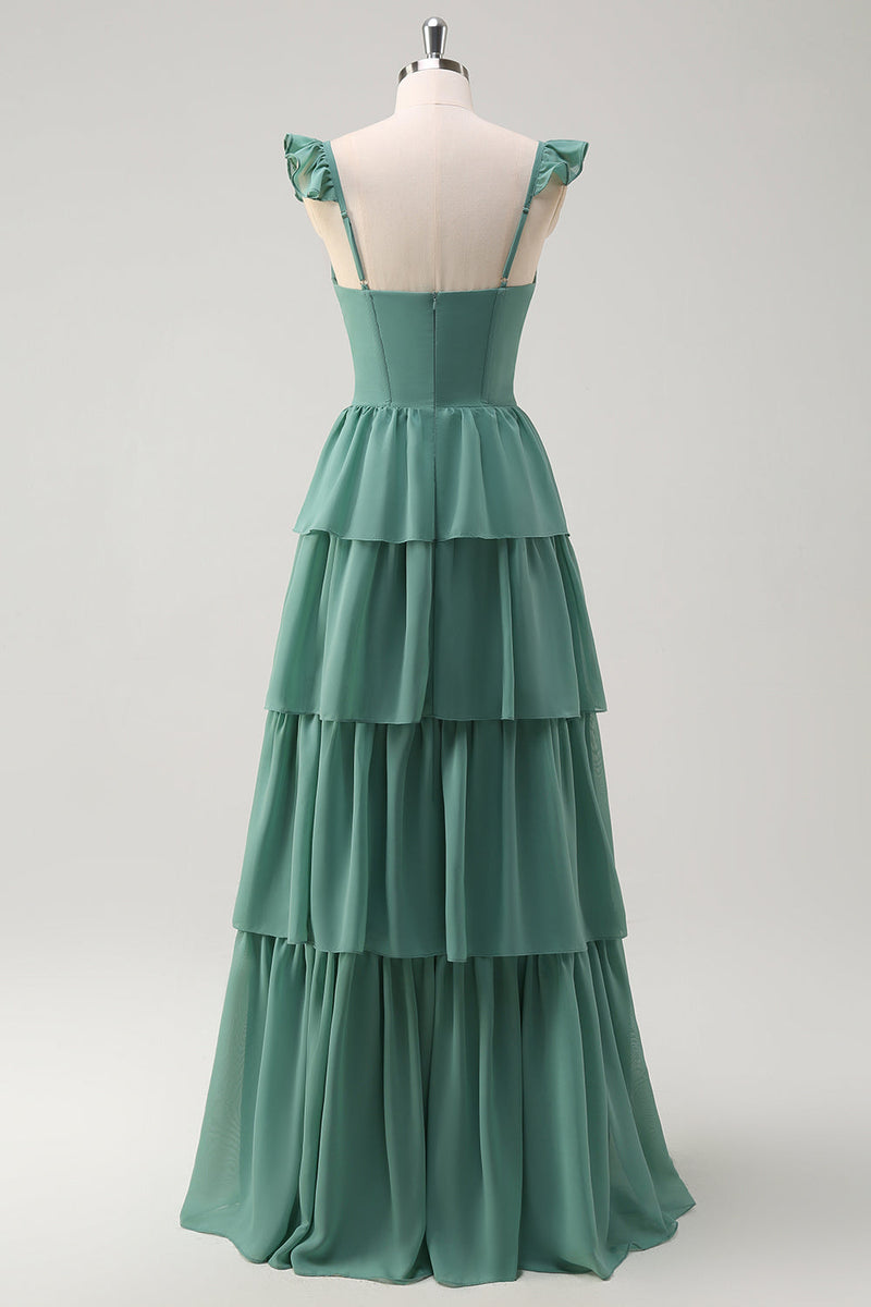 Load image into Gallery viewer, Eucalyptus A Line Corset Tiered Long Bridesmaid Dress with Slit